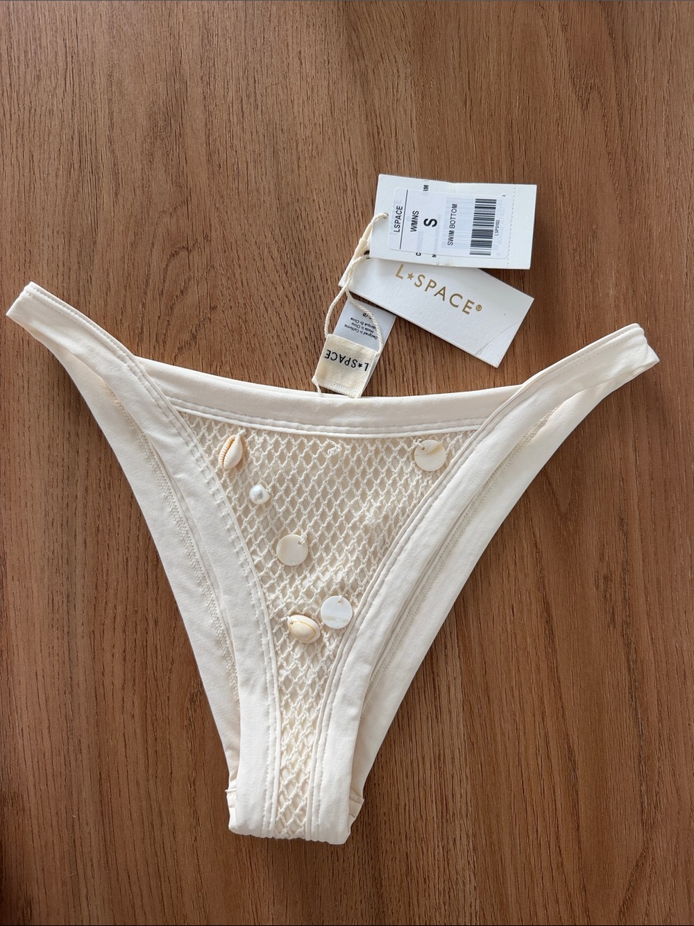 l*space Cream Mesh Bikini Bottom with Shell Accents